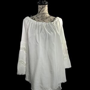 Standard Grace Women’s Large Blouse Cold Shoulder Raw Hem White Boho Embroidered